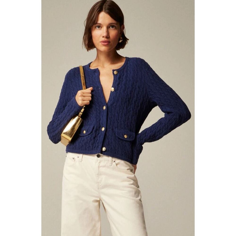 J.Crew Odette Cable Knit Sweater Lady Jacket Cotton Blend Boucle Blue XL NWT
